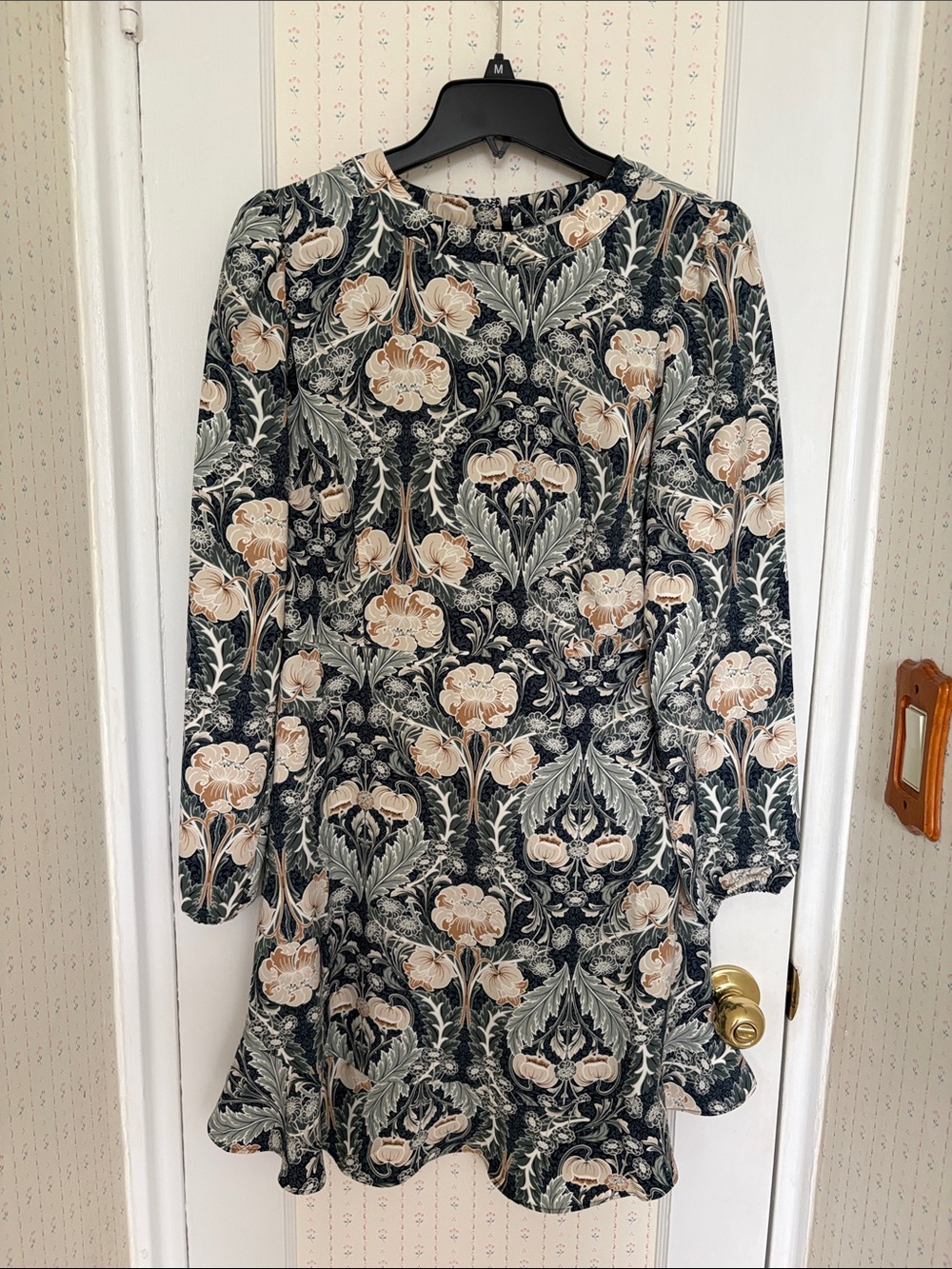 LOFT Black Floral-Print Long Sleeve A-Line Dress